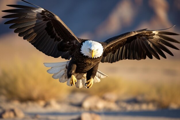 Photo of Bald Eagle with Wings HalfFolded Gliding Over a Marsh