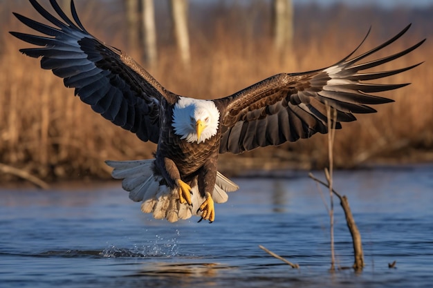 Photo photo of bald eagle with wings halffolded gliding over a marsh