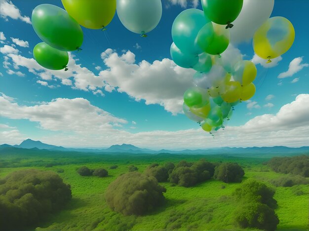 Photo of balloons flying over a majestic mountain landscape