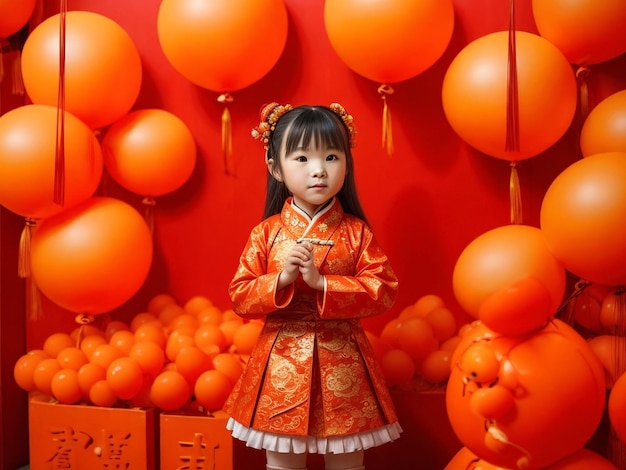 분위기를 위해 풍선과 만다린의 사진으로 귀여운 아시아인 예쁜 어린 소녀를 포즈로 찍습니다.