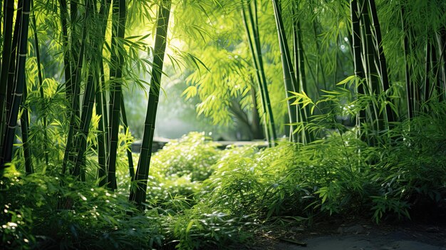 A photo of a bamboo forest with dappled sunlight lush greenery