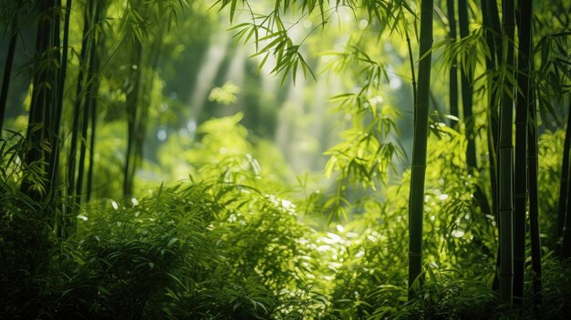 A photo of a bamboo forest with soft sunlight vibrant greens and cool shadows