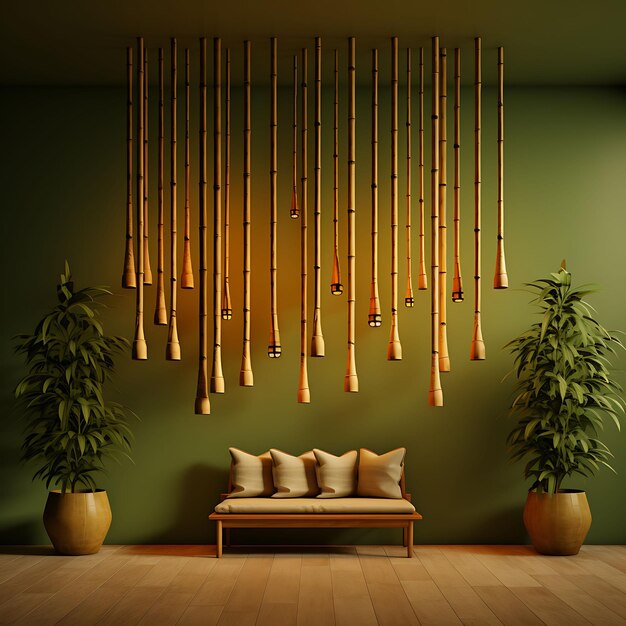 Photo of bamboo wall with a set of bamboo wind chimes natural green b aesthetic creative wallpaper