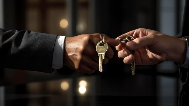 A photo of a banker handing over a key to a client