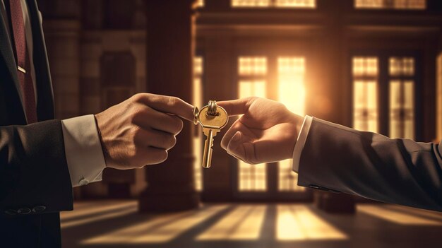 A photo of a banker handing over a key to a client