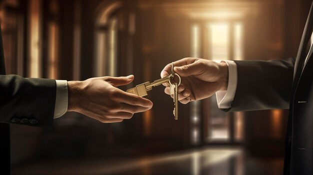 A photo of a banker handing over a key to a client