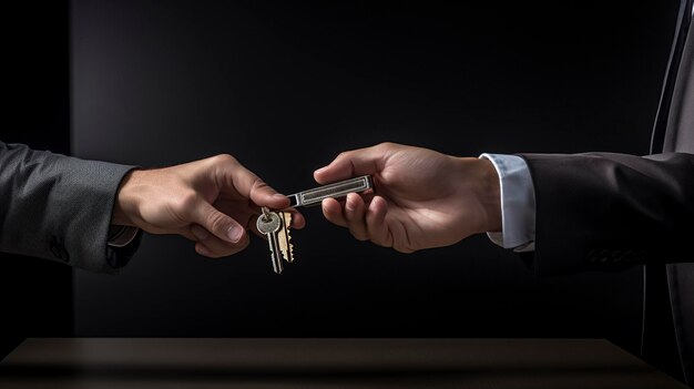 A photo of a banker handing over a key to a client