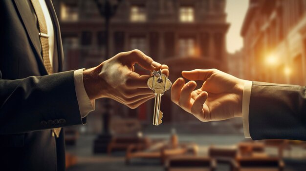 A photo of a banker handing over a key to a client