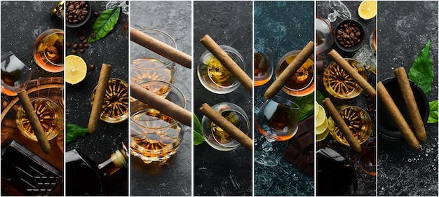 Photo banner Collage photo with cigars whiskey and brandy On a black stone background