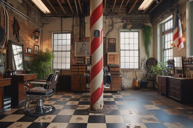 Photo a photo of a barber shop featuring a checkered floor and a barber chair creating a classic and professional ambiance a vintage inspired hair salon complete with a barber pole ai generated