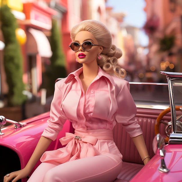 Photo of barbie sitting in her pink car driving through Hollywood