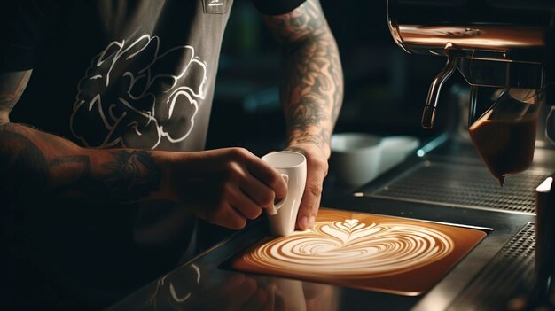 Foto una foto di un barista che crea l'arte del latte con una preziosa tazza di caffè