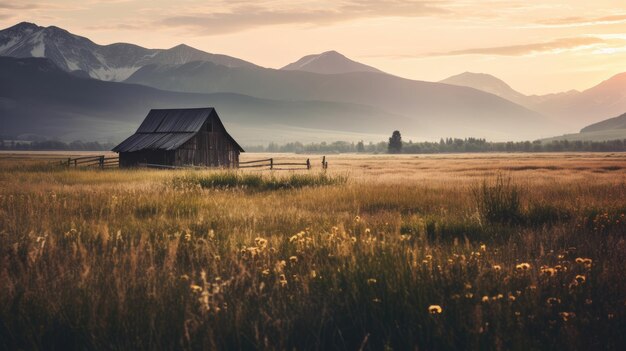 A photo of a barn in a meadow mountains backdrop