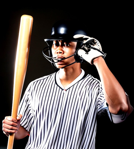 photo baseball player posing with helmet and bat on black background