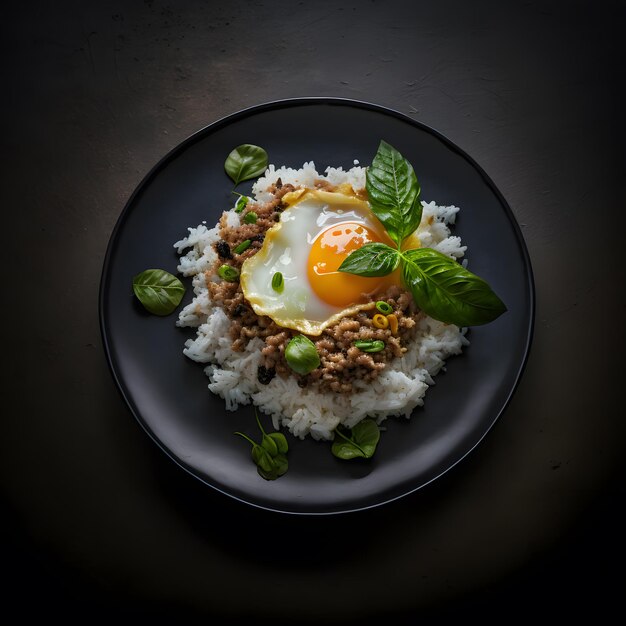 photo basil minced pork with rice and fried egg food photography