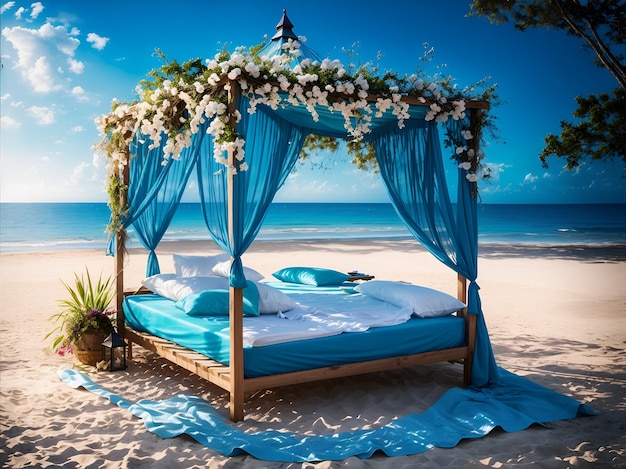 Photo of a beach bed with a romantic canopy overlooking the ocean