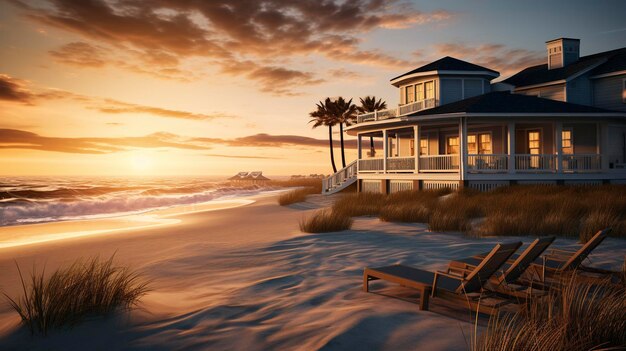 A photo of a beach front property at sunrise