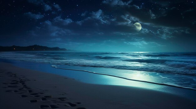 A photo of a beach at night with stars shimmering in sky