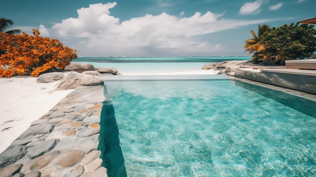 Photo beach swimming pool with horizon background generated by ai