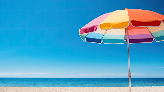 A photo of a beach umbrella clear blue skies