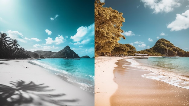 A photo of a beach with a blue sky and a beach with palm trees on the left and a blue sky with clouds in the background.