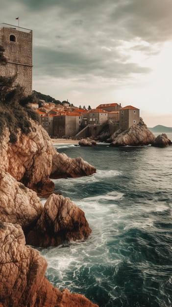 A photo of a beach with a castle in the background