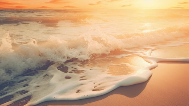 Photo a photo of a beach with crashing waves golden hour sunlight