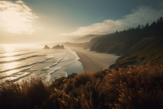 A photo of a beach with a foggy sky and a foggy sky.