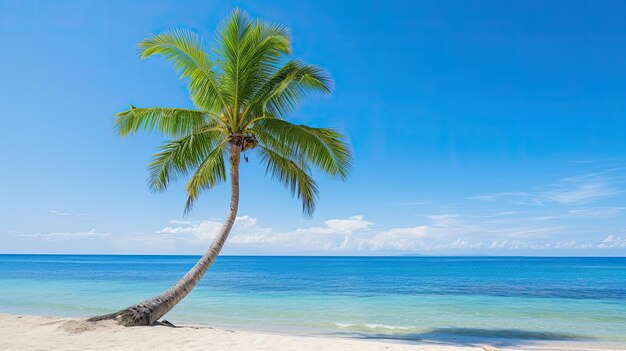 A photo of a beach with a lone palm tree clear blue sky