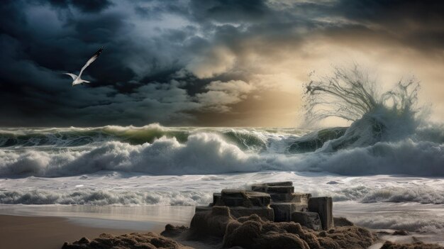 Photo a photo of a beach with a lone seagull crashing waves