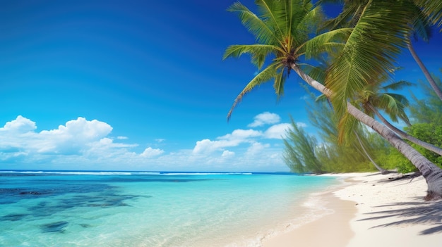 A photo of a beach with palm trees clear blue skies