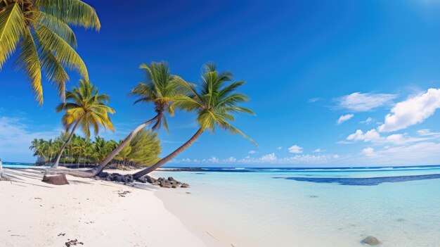 A photo of a beach with palm trees clear blue skies