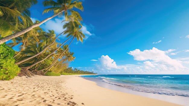 A photo of a beach with palm trees clear blue sky