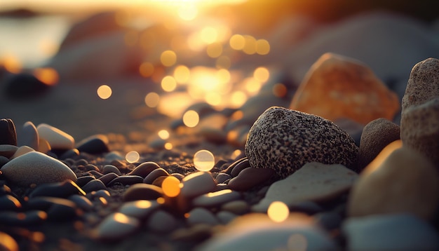 A photo of a beach with pebbles and the sun shining on it.