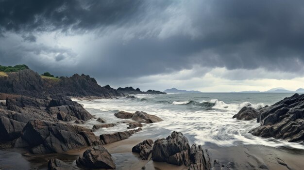 A photo of a beach with a rocky shoreline crashing waves