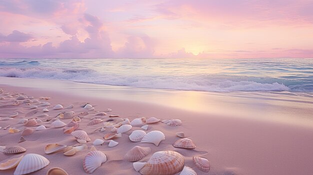 A photo of a beach with seashells soft sunset light