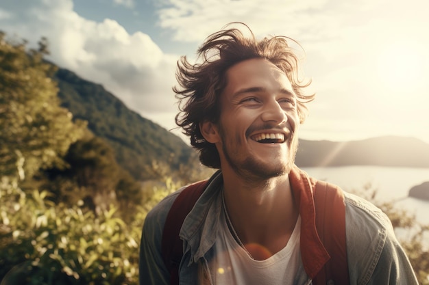 Foto foto di un giovane raggiante che esplora un luogo panoramico all'aperto ai generativa