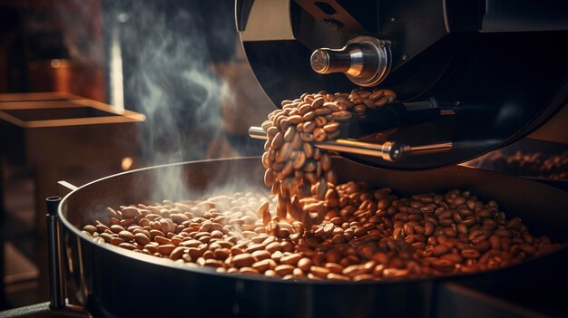 A photo of beans being poured into a roasting machine