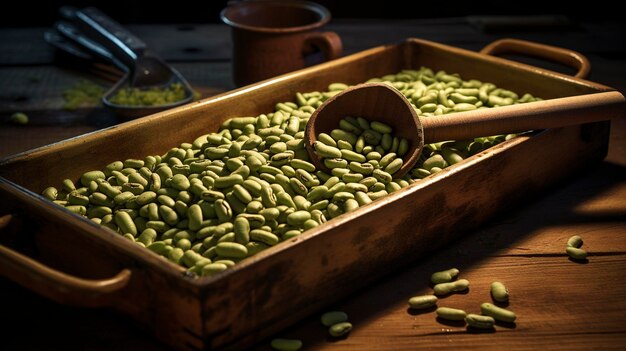 A photo of beans in a roasting tray with a wooden spoon