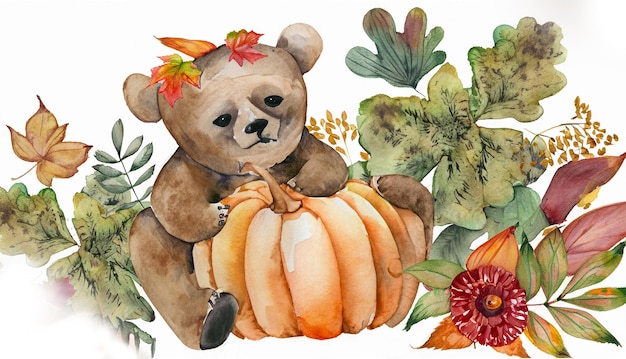 Photo photo bear holding pumpkin with autumn plants and leaves painted in watercolor on a white is