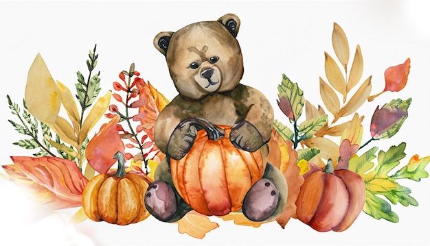 Photo bear holding pumpkin with autumn plants and leaves painted in watercolor on a white is