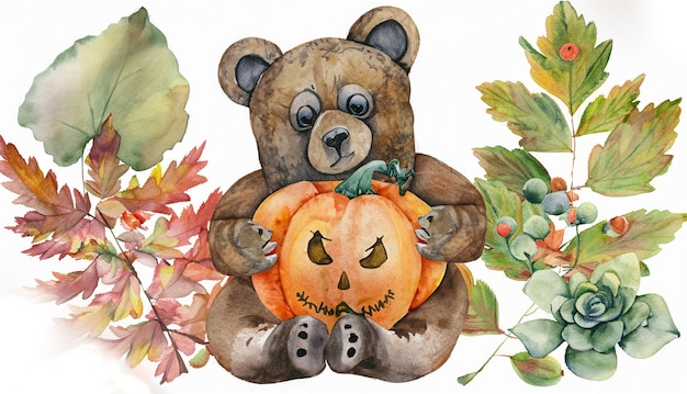 白地に水彩で描かれた秋の植物と葉を持つカボチャを持ったクマの写真です