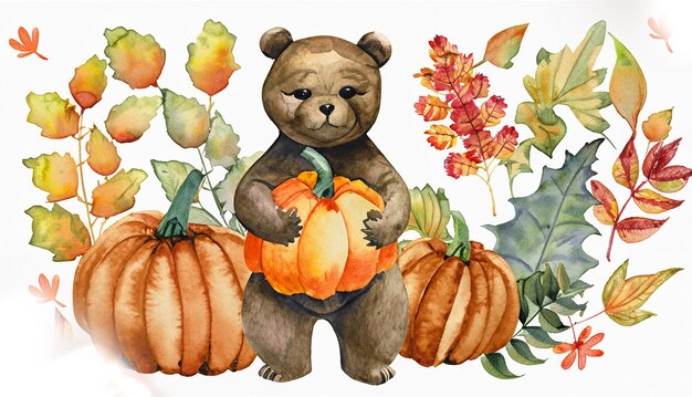 Photo photo bear holding pumpkin with autumn plants and leaves painted in watercolor on a white is