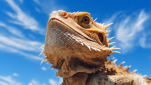 Photo of a bearded dragon under blue sky