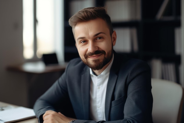 Photo of bearded pleased businessman in white shirt smiling and looking at camera while working in o