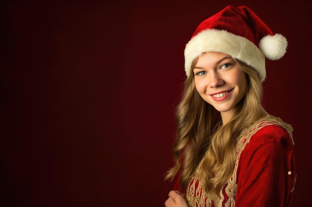 Photo of a beautiful 20 year's old woman wearing a charming santa clause costume against a solid colored background in a studio setting Generative AI