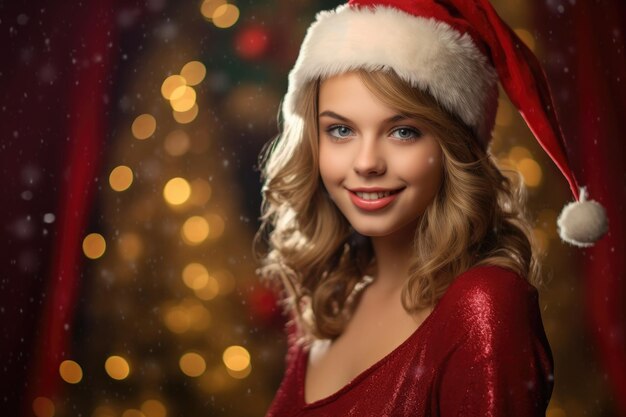 Фотография красивой 20-летней женщины в очаровательном костюме Санта-Клауса на однотонном фоне в студии Generative AI