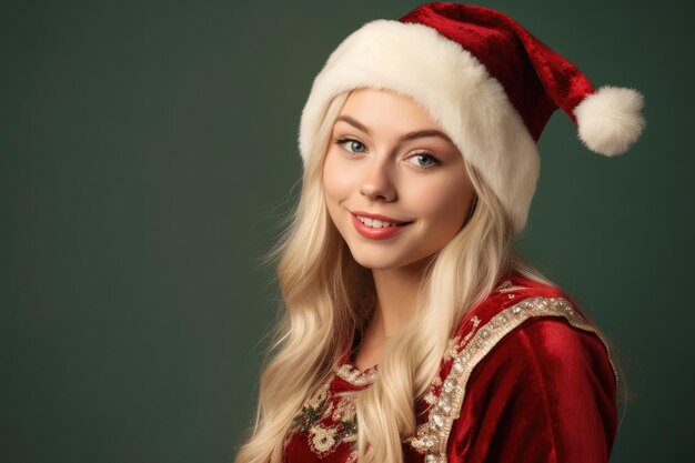 Photo of a beautiful 20 year's old woman wearing a charming santa clause costume against a solid colored background in a studio setting Generative AI