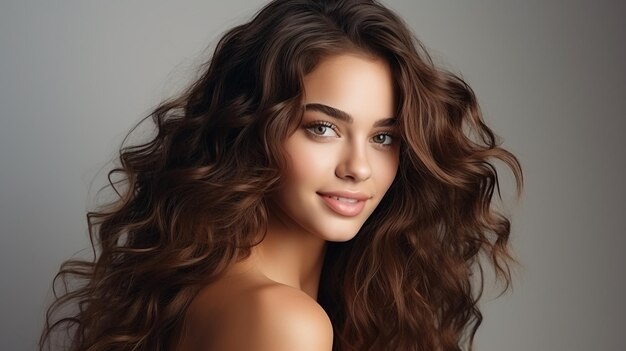 photo beautiful adult woman with long brown curly hair generated by AI