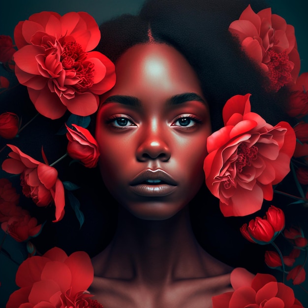 사진 붉은 꽃과 함께 아름 다운 아프리카계 미국인 여자 초상화